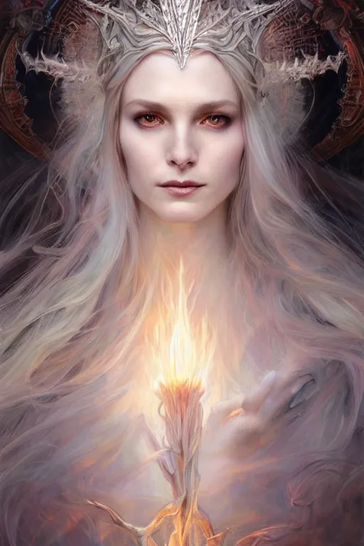 Image similar to realistic portrait of a beautiful white witch, crafting spells, bright witch, beautiful face, fantasy, chaos, magic, dark magic, dramatic lighting, intricate, wild, highly detailed, digital painting, artstation, concept art, smooth, sharp focus, illustration, art by artgerm and greg rutkowski and alphonse mucha, footage from space camera