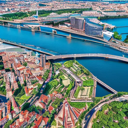 Prompt: aerial view of bordeaux, art concept, architectural, coherent, you can see the river and most known monuments, tropical mood, water is like a lagoon