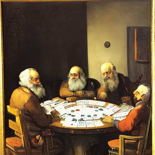 Prompt: Angry Karl Marx and bored Plato playing Poker by Rembrandt