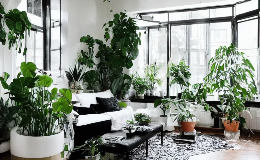 Image similar to interior of a bohemian living room, black and white, green potted plants, couch, diner table, cupboards, modernist, minimalism, big windows with a view of lush trees, feng shui, 8 k