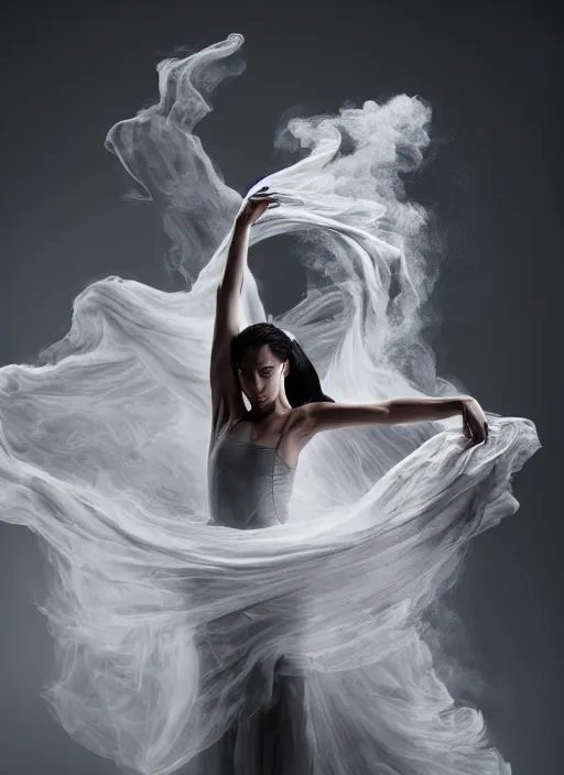 Image similar to a Photorealistic dramatic hyperrealistic render of a beautiful Female smoke dancer by Ken Brower and Deborah Ory of NYC Dance project,Lois Greenfield,Flowing cloth and smoke,Beautiful dynamic dramatic dark moody lighting,volumetric,shadows,cinematic atmosphere,Octane render,8K