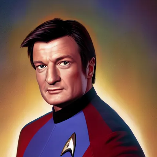 Image similar to A portrait of Nathan Fillion in a starfleet uniform, on the set of Star Trek Voyager, highly detailed photorealistic, unreal 5, hugh definition, 8k, deviantart, donato giancola, oil painting