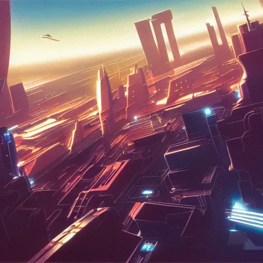 Prompt: aerial view of futuristic cyberpunk city, daylight, blue sky, cinematic lighting, blue sky, syd mead, john harris