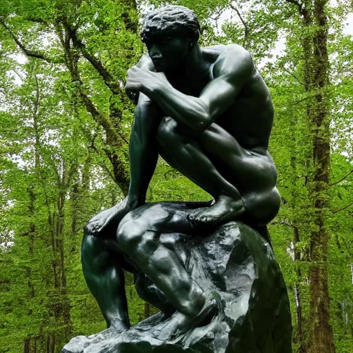 Image similar to The thinker sculpture by auguste rodin in the style of William Bartram mushrooms at the base , placed in a lush forest