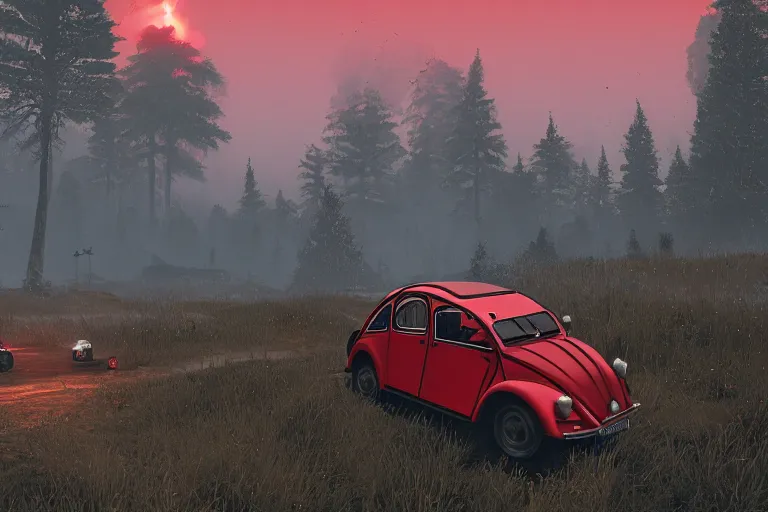 Image similar to red and black citroen 2 cv ( 1 9 6 5 ) driving across the rift, riften city in the background, epic fantasy, the elder scrolls v : skyrim, dramatic lighting, establishing shot, by simon stalenhag