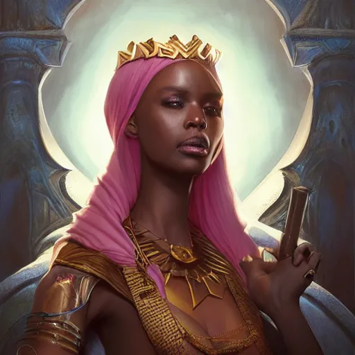 Image similar to somali empress, D&D, fantasy, portrait, highly detailed, digital painting, trending on artstation, concept art, sharp focus, illustration, art by artgerm and greg rutkowski and magali villeneuve