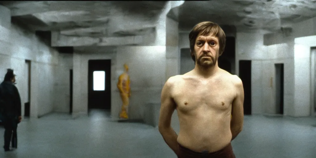 Prompt: screenshot portrait of Mark Hammil standing alone in the a sci fi minimal dirty Temple, 1970s thriller by Stanely Kubrick film, color kodak, Ektachrome, anamorphic lenses, detailed faces, hyper-realistic, photoreal, detailed portrait, moody cinematography, strange lighting