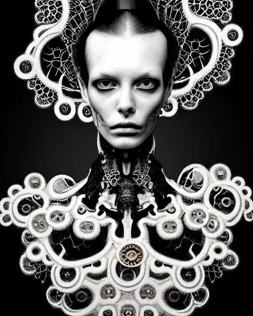 Image similar to surreal dark black and white photo portrait of complex bio-mechanical beautiful young female vegetal-cyborg with a Mandelbrot fractal steampunk metal fine lace face, a very long neck and a fine metal floral foliage super big lace collar by Alexander McQueen:: smoke, high fashion, haute couture, rococo, steampunk, silver filigree details, anatomical, facial muscles, cable wires, microchip, elegant, dreamy, foggy atmosphere, hyper realistic, 150 mm lens, soft rim light, octane render, unreal engine, picture was taken in 1910 by Man Ray, volumetric lighting, dramatic light,8k,