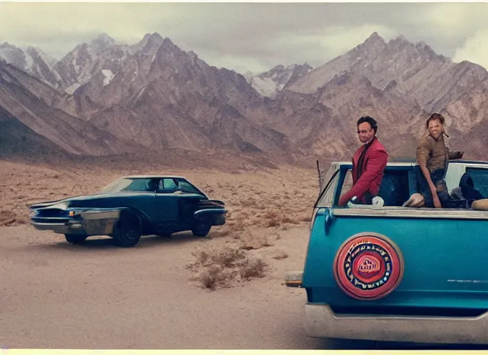 Image similar to a very high resolution image from a new movie, starlord. driving around. inside of a car. mountains, polaroid, directed by wes anderson