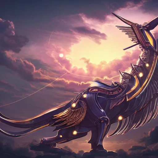 Image similar to the ancient world, hyper complexity, highly detailed, cinematic lighting, pastel colored sunrise, flying robotic lions with gold metal huge wings on the back in the sky, sharp outlines, whole body, drone view, hyperrealistic, trending on pixiv fanbox, love death robot,