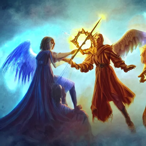 Prompt: A group of mages summoning a demon and angel to save the realm, Fantasy, Digital Art, 4k,