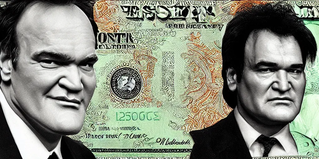 Image similar to a dollar bill with the face of quentin tarantino on it