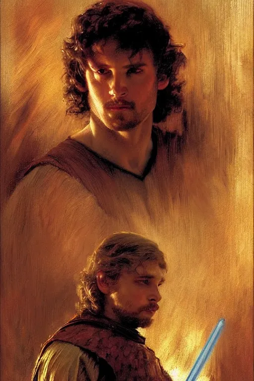 Prompt: attractive male, game of thrones, star wars, the lord of the rings, painting by, gaston bussiere, craig mullins, j. c. leyendecker, edgar degas