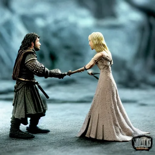 Prompt: claymation of eowyn fighting the wraith king in lord of the rings return of the king (2003), majestic, tilt shift, award winning, highly textured, very detailed!, dramatic