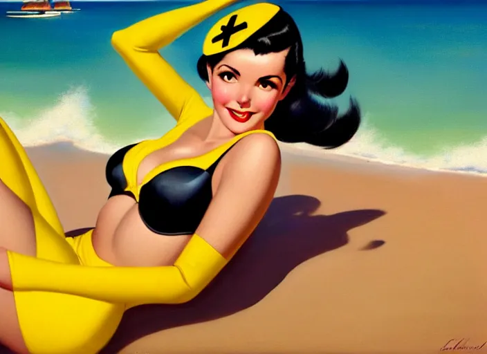 Image similar to the style of the artist gil elvgren, a girl with black hair, overwatch tracer, with a very beautiful symmetrical face, a smile on her face, tanned skin, in a yellow bikini, against the background of a sea beach, in art style, high detail, digital painting, hyperrealism