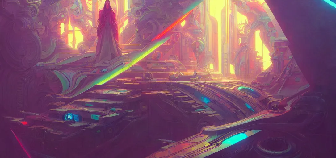 Image similar to a cybernetic temple, vaporwave aesthetic, colorful, psychedelic, digital painting, artstation, concept art, smooth, sharp focus, illustration, art by artgerm and greg rutkowski and alphonse mucha