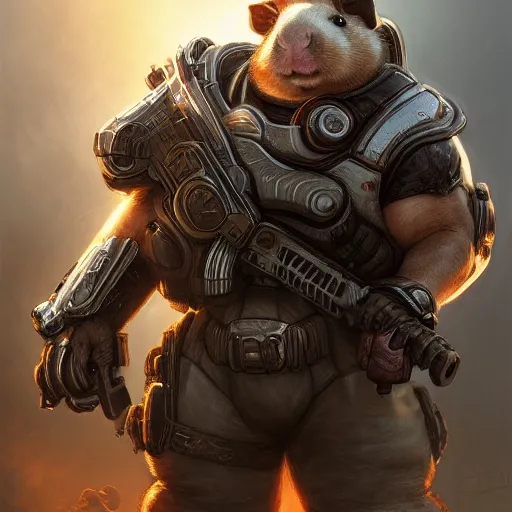 Image similar to cute little anthropomorphic Guinea Pig in Gears of War cover art, ultra wide lens shot , tiny, small, short, cute and adorable, pretty, beautiful, DnD character art portrait, matte fantasy painting, DeviantArt Artstation, by Jason Felix by Steve Argyle by Tyler Jacobson by Peter Mohrbacher, cinematic lighting