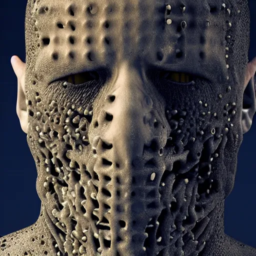 Image similar to a person with disgusting holes in his skin, horror, trypophobia, realistic, volumetric lighting, extremely detailed