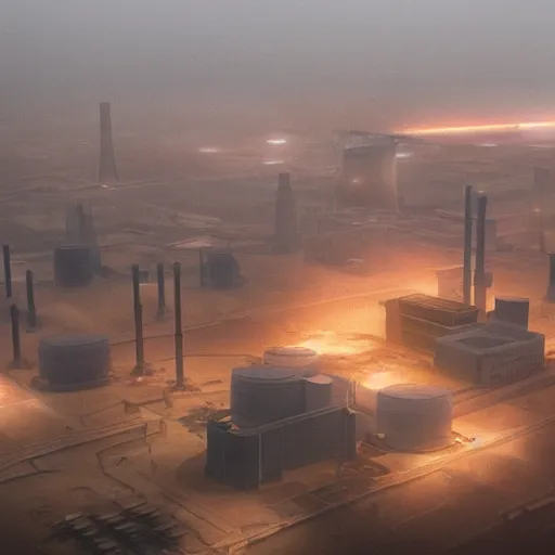 Image similar to an aerial view of an abandoned industrial terrain with giant nuclear plants and cooling towers, night time, shot from the blade runner 2049 movie, moody, dark, foggy