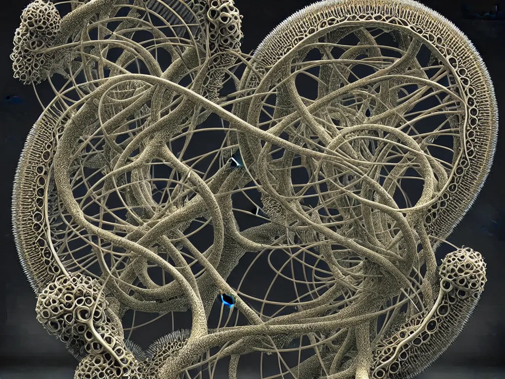 Prompt: infinite endless zoom microbiology visions in atlantis by ernst haeckel daniel martin dias style + roots sculpture ornamental, sacred geometry trending on pinterest, deviant art and artstation, cgi, fractal, hypermaximalism, terraform studio, tryptamine, mandelbulb 3 d, pentagon geometry, fractal neurons, fibonacci, portal, 8 k