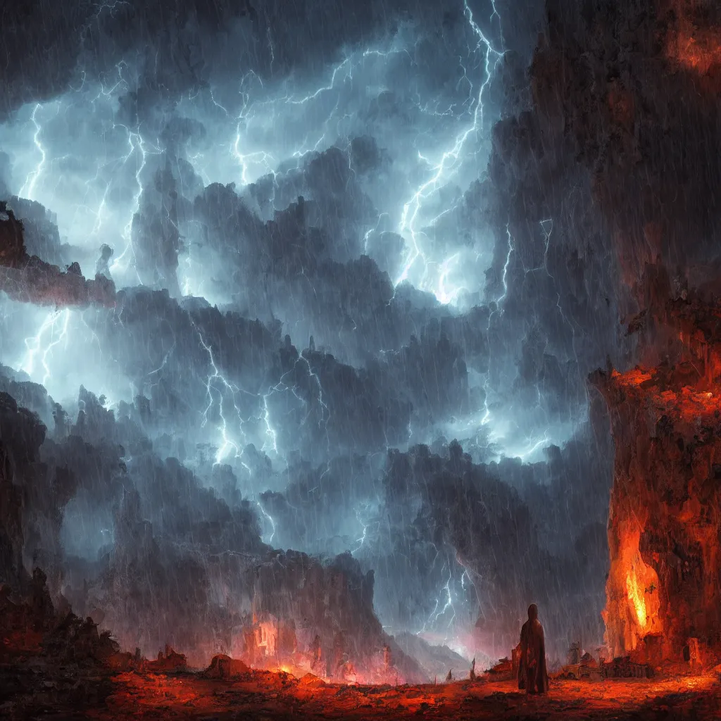 Prompt: a still of a cloaked figure standing in the ruins of crux prime, monastery, there is lightning, blue fiery maelstrom in the distance, it is raining, digital art, artstationhq