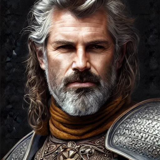 Prompt: portrait of a ruggedly handsome paladin, soft hair, muscular, half body, masculine, mature, salt and pepper hair, leather, hairy, d & d, fantasy, intricate, elegant, highly detailed, digital painting, artstation, concept art, smooth, sharp focus, illustration, art by artgerm and greg rutkowski and alphonse mucha