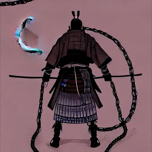 Image similar to a portrait from behind of a samurai man vagabond with a moon behind him, the samurai is wrapped in chains, detailed, illustration, concept art, ink style, sketch