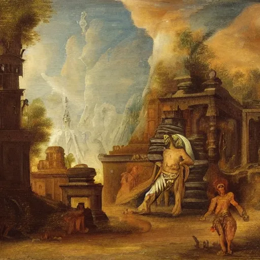 Image similar to In the center of the painting is a large gateway that seems to lead into abyss of darkness. On either side of the gateway are two figures, one a demon-like creature, the other a skeletal figure. in India by David B. Mattingly, by Frans Francken the Younger funereal