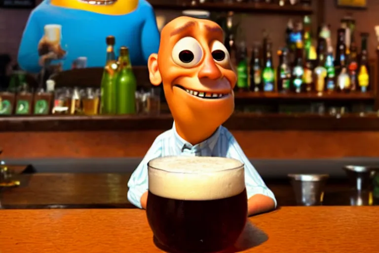 Image similar to a anthropomorphic pint of beer, pixar, who is a customer, waits to be served by a bartender,