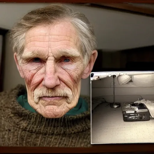 Image similar to A photograph of old Jerma985 in his eighties who looks like Jerma985 wearing a sweater in the 2010s, Jerma985, looks like Jerma985, taken in the late 2010s, taken on a 2010s Camera, realistic, hyperrealistic, very realistic, highly detailed, very detailed, extremely detailed, detailed, digital art, trending on artstation, headshot and bodyshot