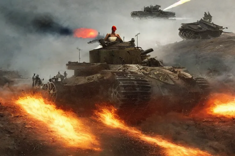 Image similar to an epic view of a cyborg woman tipping over a wwi tank, on a battlefield, smoke, fires, distant explosions, in the style of masamune shirow, cinematic, hyper - realistic, highly detailed digital art