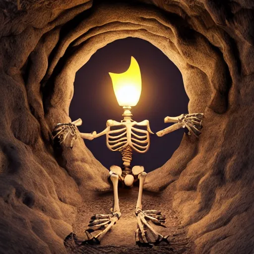 Prompt: a skeleton holding a latern in cave, hyper detailed, high quality, 8k, fantasy