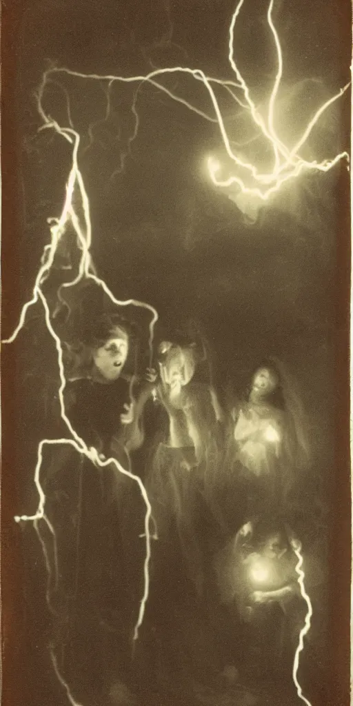 Image similar to spirit photography with glowing bulbous ectoplasm, scary shadow people, sleep paralysis demon, plasma lightning bolts, 1 9 0 0 s, slimer, mourning family, invoke fear and dread, old photograph, daguerreotype