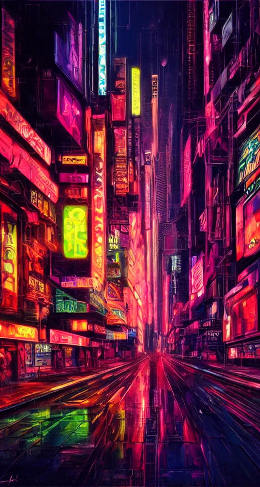 Prompt: hyperrealism oil painting, cyberpunk, city, neon lights, glow, retrowave style, sunset,