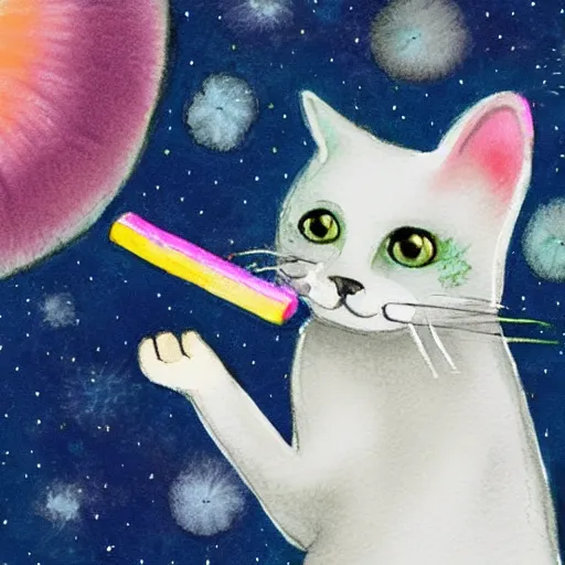 Image similar to pastel watercolor cute portrait of a cat playing the harmonica under the stars