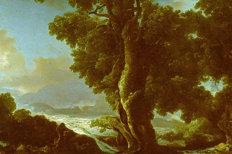 Image similar to oil painting of a old tree next to a raging river by claude lorrain