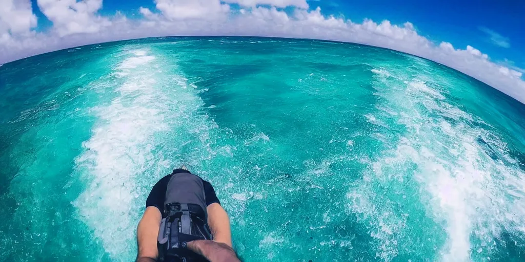 Image similar to gopro footage of a man walking into the ocean, azure blue water, slight grain