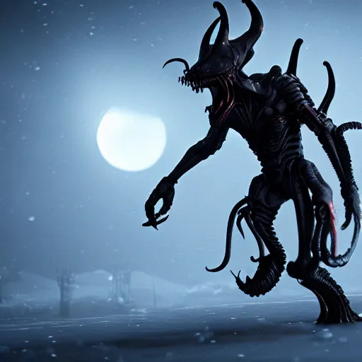 Prompt: full shot of angry darkness alien xenomorph at moonlight, snowing, detailed, unreal engine 4k volumetric light, fog,