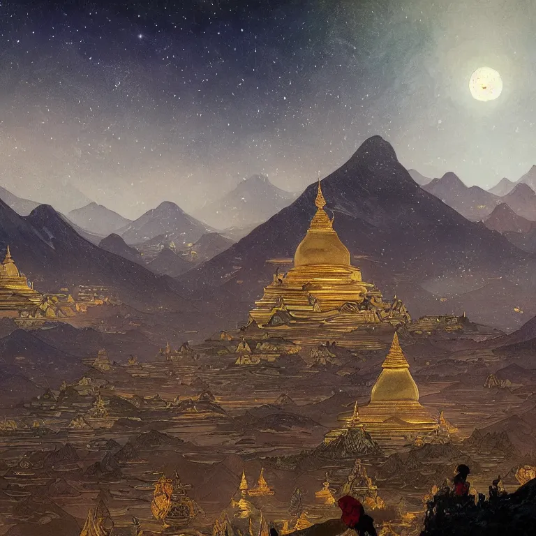 Image similar to a beautiful painting of the view from the river of the domes and towers of the ancient tibetan carved stone city, under the night sky with stars, intricate, elegant, highly detailed, digital painting, artstation, concept art, by krenz cushart and artem demura and alphonse mucha