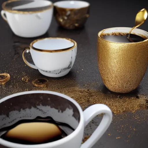 Image similar to cup of steaming coffee, ornate kinatsugi, baroque, gold dust, marble background, dark-brown, gold cracks, silver, highly detailed porcelain, glazed, volumetric dust rays, dark, intricate detail, ultra realistic, dramatic lighting, wet, shiny, unreal engine 5, hyper realistic, octane render, 8k