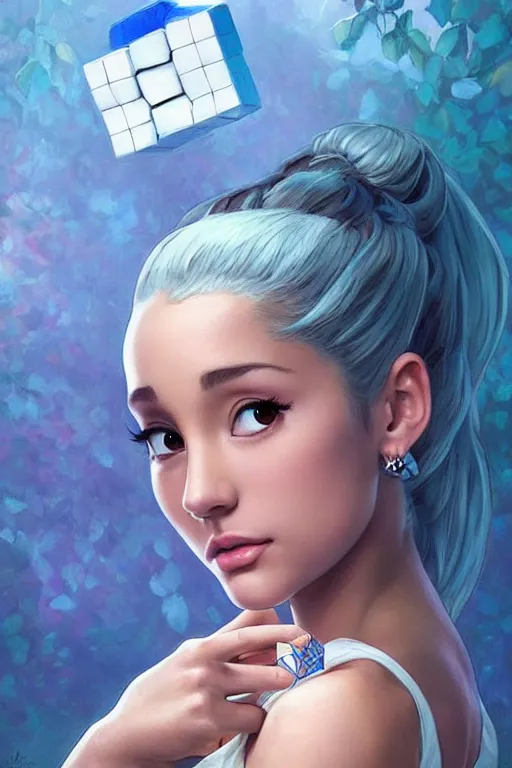 Prompt: beautiful cottagecore Ariana Grande holding a cube , intricate, elegant. highly detailed, digital painting, artstation, concept art, smooth, sharp, focus, illustration. background is blue like #b8fff7 !. art by artgerm and greg rutkowski and alphonse mucha
