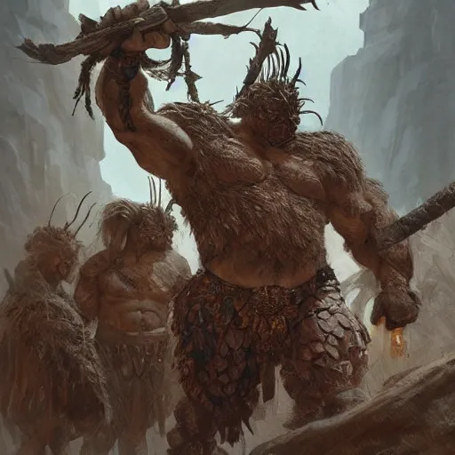 Prompt: muscular ogre - like fierce warrior with tree - bark skin wearing intricate stone and wood armor, towering above a group of soldiers, battlefield, highly detailed, digital painting, artstation, concept art, smooth, sharp focus, illustration, art by artgerm and greg rutkowski and alphonse mucha