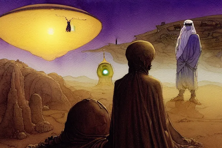 Prompt: a hyperrealist watercolour character concept art portrait of a middle eastern merchant keeling down in prayer in front of a lovecraftian alien with 1 2 eyes on a misty night in the desert. a ufo is in the background. by rebecca guay, michael kaluta, charles vess and jean moebius giraud