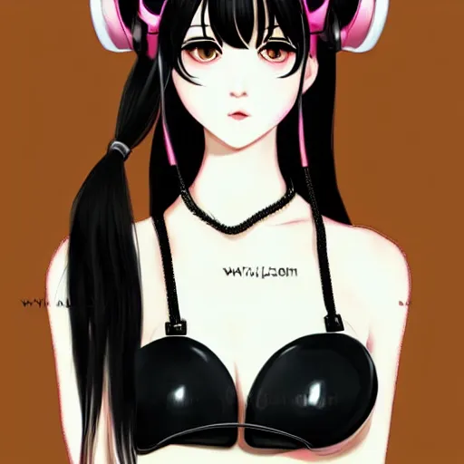 Image similar to realistic beautiful gorgeous natural cute Blackpink Lalisa Manoban black hair cute fur black cat ears, wearing white camisole, headphones, black leather choker artwork drawn full HD 4K highest quality in artstyle by professional artists WLOP, Taejune Kim, Guweiz on Pixiv Artstation