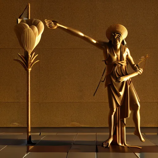 Prompt: Ancient statue of Thoth, the Ibis-headed god, marking down deeds on a papyrus with a reed, standing on a plinth , octane render, studio lighting