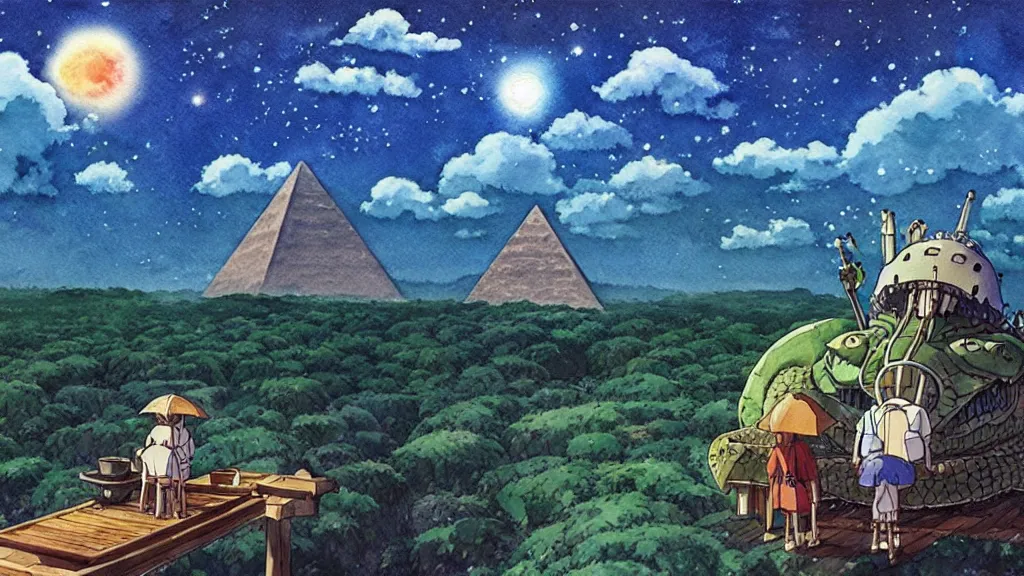 Image similar to a hyperrealist watercolor concept are from a studio ghibli film showing a giant mechanized crocodile from howl's moving castle ( 2 0 0 4 ). a pyramid is under construction in the background, in the rainforest on a misty and starry night. a ufo is in the sky. by studio ghibli