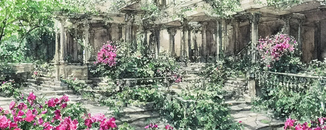 Image similar to isomeric view, railing, stairway, chairs, delicate water in a botanic garden, garden road, sparrows, temple in a botanical herbarium paper, watercolor colored painting, iridescent colors, 8 k, realistic shaded, fine details, artstation, italian style, colonnade, huge flowers, architecture