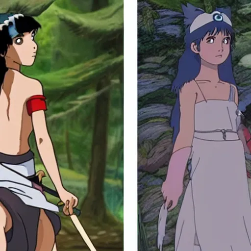 Prompt: side by side comparison : animated princess mononoke by studio ghibli, vs. live action princess mononoke starring megan fox