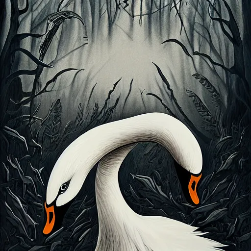 Image similar to evil swan, gritty horror illustration, highly detailed and disturbing