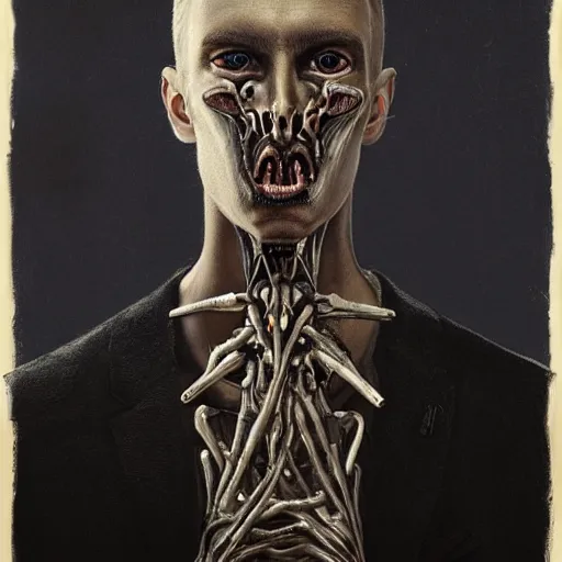 Image similar to surreal portrait of a man by Greg Rutkowski and H.R Giger, symmetrical face, he is about 30 years old, west slav features, short blonde hair with bangs, attractive, smart looking, slim, somewhat androgenic, transformed into a kind of biomechanical transhuman god, disturbing, terrifying but fascinating, with a determined and sinister expression on his face, cosmic void background, frightening, fascinating, highly detailed portrait, digital painting, book cover, artstation, concept art, smooth, sharp foccus ilustration, Artstation HQ